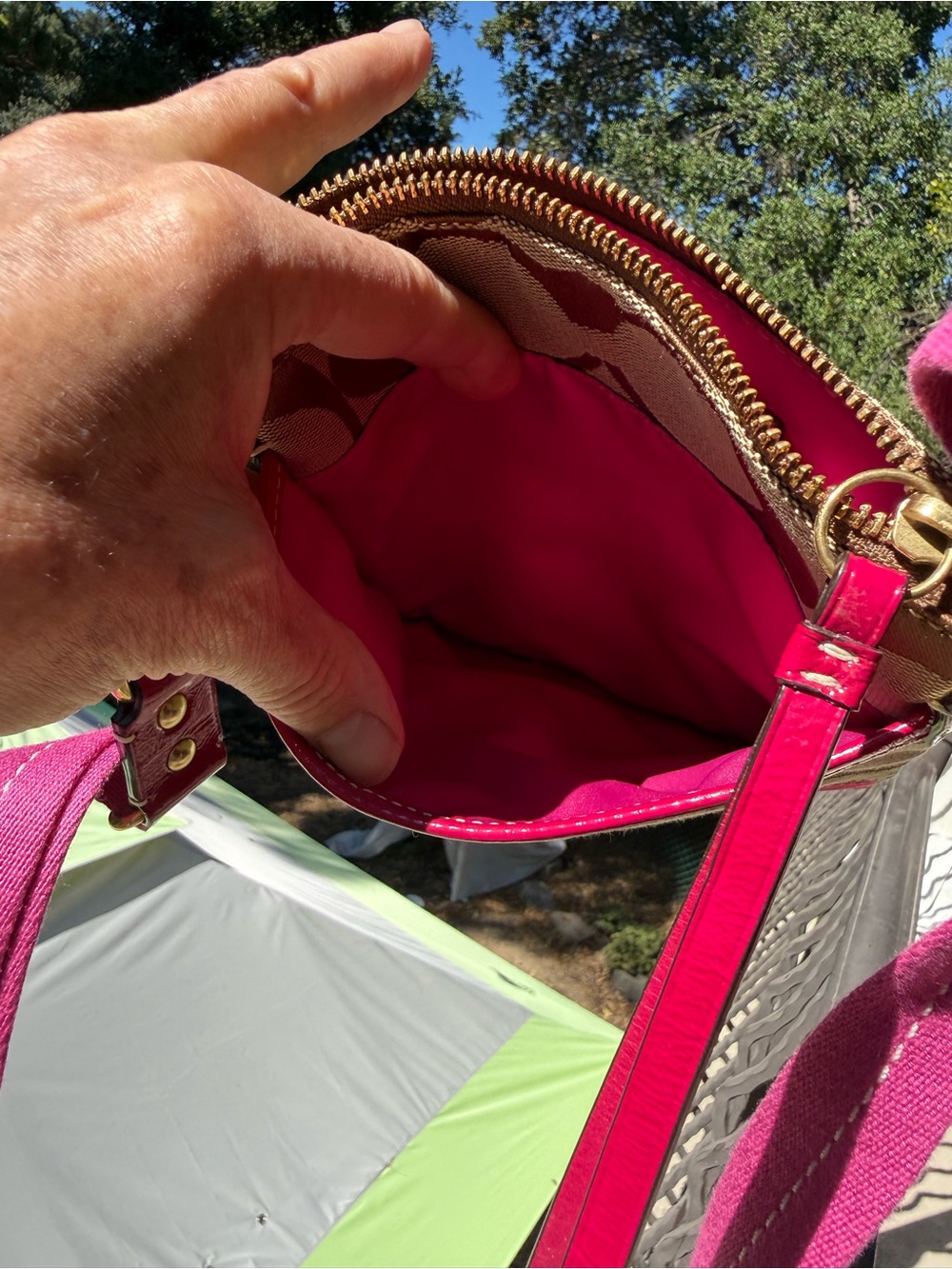 Coach Crossbody Bag #10129 khaki Tan bright Pink - Signature - Stripe Swingpack - Picture 10 of 16